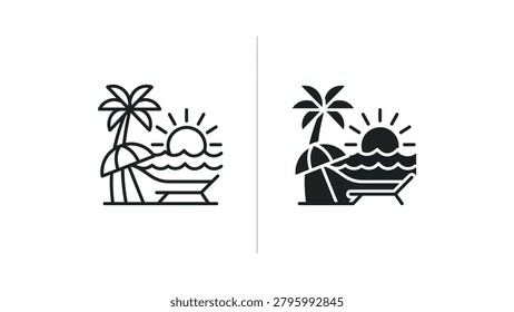 Two stylized vector icons showing a beach lounger, palm tree, and sun. One icon is outlined, the other filled in black for versatile design use.