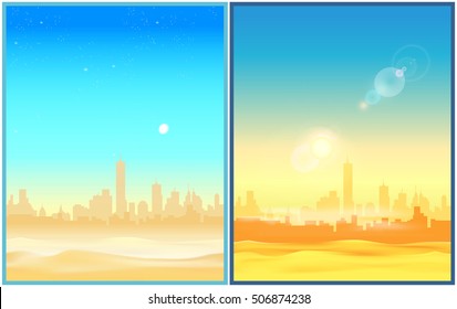 Two stylized vector illustration of a city in the desert in the morning and at the afternoon. Illustration seamless horizontally if needed