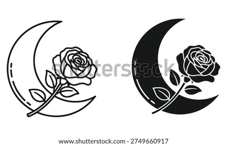 Two stylized vector illustrations of a crescent moon with a rose and leaves. One is a simple line drawing, and the other is a solid black silhouette. Perfect for graphic design, logos, and t-shirts.