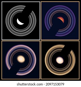 Two stylized vector illustrations of Saturn from an unusual perspective