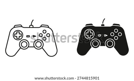 Two stylized video game controllers are presented side-by-side. The left is a detailed line drawing, while the right is a solid black silhouette. Both feature familiar button layouts, ideal for gaming concepts.