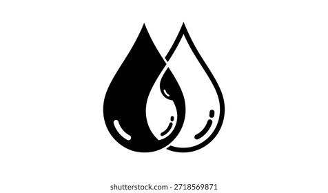 Two stylized water droplets, one filled in black and the other outlined in black on a white background, are interconnected, symbolizing unity, contrast, and the essence of water. The image evokes