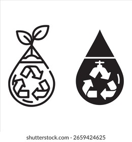 Two stylized water drops, one with a recycling symbol and a growing plant, the other solid black.