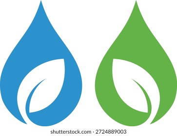 Dos gotas de agua estilizadas una azul una verde con Formas de hojas dentro de la naturaleza