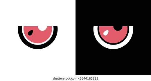 Duas metades estilizadas de fatia de melancia, uma sobre um fundo branco com crosta preta e a outra sobre preto com crosta branca, criando contraste.