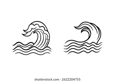 Two Stylized Wave Illustrations In Black And White Marine Design Elements