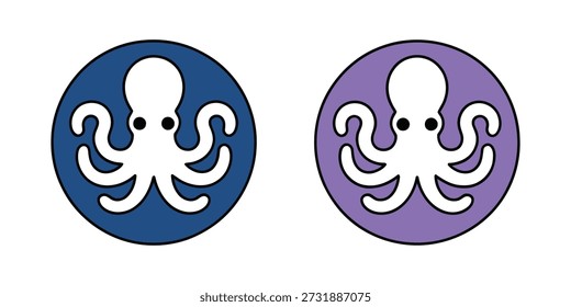 Dos pulpos blancos estilizados con ojos negros se representan dentro de círculos azules y morados, respectivamente. Los pulpos tienen sus tentáculos extendidos hacia afuera en un patrón simétrico.