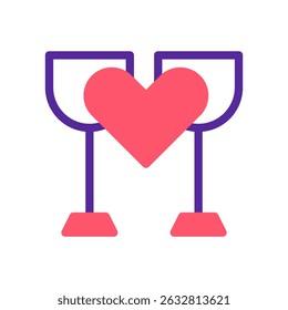 Two stylized wine glasses with a heart, conveying love and celebration icon