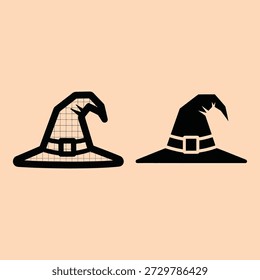 Dos sombreros de bruja estilizados con puntas puntiagudas y detalles de cinta mostrados sobre un fondo beige minimalista que muestra temas de halloween o fantasía con un diseño juguetón y caprichoso