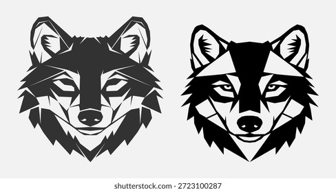 Dos cabezas de lobo estilizadas en blanco y negro, diseños geométricos y abstractos, líneas afiladas y Formas angulares, expresiones faciales contrastantes