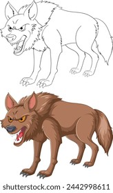 Two stylized wolves, one colored and one outlined.