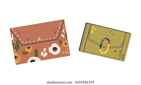 Two Stylized Women Wallets, One In Brown With A Floral Pattern, And Another In Green With A Dot Pattern