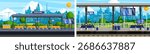 Two subway station platforms for urban public transport. City train platform terminal for passenger arrival. Metropolitan transportation.