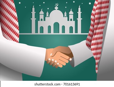 Two successful arabic businessman shaking hands over a deal, Ramadan Kareem holy month, cartoon flat-style vector illustration.