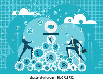 Two successful businessman climbing up the gear hip in order to get an agreement. 