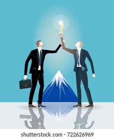 Two successful businessman holding up the golden trophy in front of the mountain. Winning, leading and success theme illustration. Business concept collection.