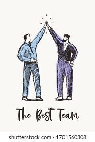 Dos empresarios exitosos aplauden con espíritu de colaboración. Trabajo en equipo, concepto de asociación. Dibujo de vector dibujado a mano, boceto