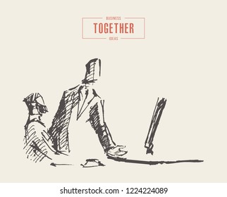 Two successful businessmen making a project, teamwork, partnership, together concept, vector illustration, sketch