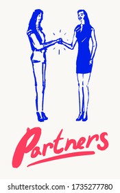 Two successful businesswoman shaking hands. Teamwork, partnership concept, hand drawn vector illustration, sketch