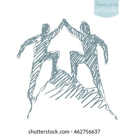 Two A Successful Climbers On A Mountain. Teamwork, Partnership Concept. Vector Illustration, Sketch