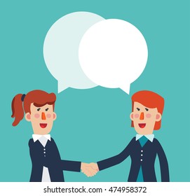 Two successful and smiling business women shake hands. Partnership, cooperation, international collaboration and teamwork in business vector concept. Modern design illustration