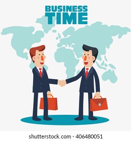 Two successful and smiling businessmen shake hands over world map. Partnership, cooperation, international collaboration and teamwork in business vector concept. Modern design illustration