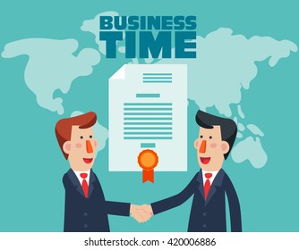Two successful and smiling businessmen shake hands over world map. Partnership, cooperation, international collaboration and teamwork in business vector concept. Modern design illustration