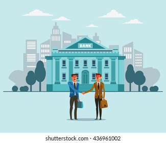 Two successful and smiling businessmen shake hands. Bank building in city street. Partnership, cooperation, international collaboration and teamwork in business concept. Modern design illustration