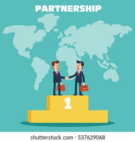Two successful and smiling businessmen shake hands over world map. Partnership, cooperation, international collaboration and teamwork in business vector concept. Modern design illustration