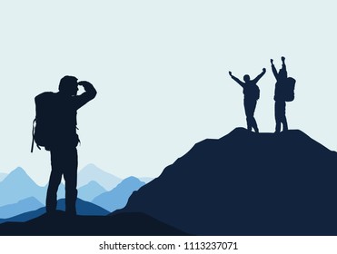 Two successful tourists and one loser in mountain landscape - vector