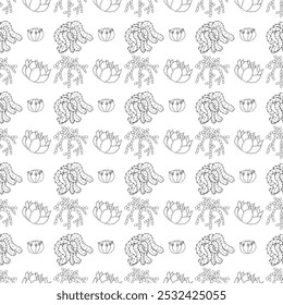 Two succulents and a cactus with many hanging shoots and a simple blooming cactus, in doodle style. Simple seamless pattern. Vector illustration.