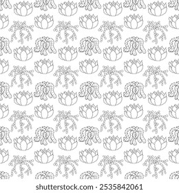 Two succulents and a cactus with many hanging shoots in doodle style. Simple seamless pattern. Vector illustration.