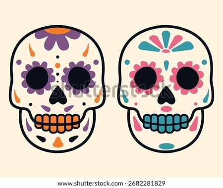 Two sugar skulls in flat style for Día de los Muertos. Simple vector illustrations with decorative details. Great for Halloween, Mexican holiday, stickers, posters, prints, and digital art.
