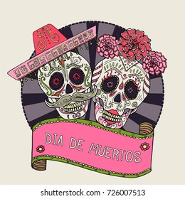 Two sugar skulls vector illustration for Day of the Dead Mexican celebration