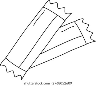 Two sugar sticks with stylized creases. Hand drawn vector linear illustration of sugar packets for cafe menu, coffee house design and food packaging. Minimalist doodle style isolated on white.