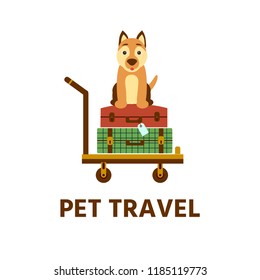 The two suitcase  luggage torism  on a mobile trolley (handcart) whith pet dog. Dog travel. Flat design icon, vector illustration.