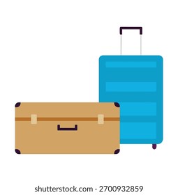 Two suitcases, a brown vintage-style trunk and a blue modern rolling suitcase, on a white background