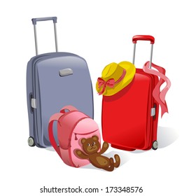  two suitcases and children's backpack. vector illustration