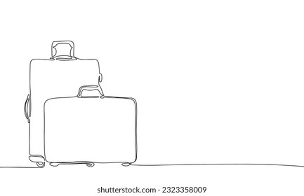 Two suitcases in continuous line art drawing style. Silhouette of a pair of suitcases, travel concept. Black linear sketch isolated on white background. Vector illustration