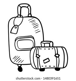 Two suitcases of different sizes - large and small.. Three suitcasesr for travel. Black and white image of a suitcase. Coloring for children, leisure, antistress. Doodle. Vector clip art accessory 
