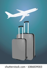 Two suitcases in front of airplane. flight concept. vector illustration