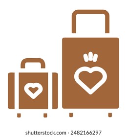 Two suitcases with hearts on them, one smaller than the other. Both are brown with white hearts and have wheels.