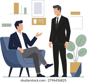 Two suited men talking in office
