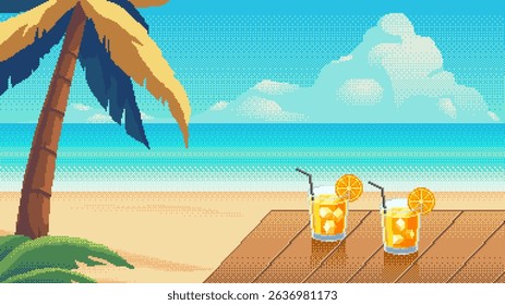 Two summer cocktails with orange slices on a beach table. Pixel art tropical seaside landscape with palm tree and ocean view under blue sky with clouds.