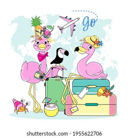 Two summer flamingos with suitcases. Vector illustration of cartoon animals travelers. T-shirt design for kids