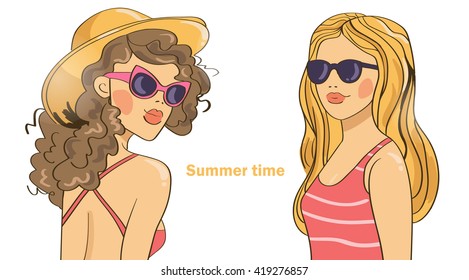 Two summer girls.  Vector illustration. Cartoon character.