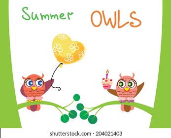 Two summer owls have a birthday party with cake and balloon. Cartoon vector illustration, isolated.