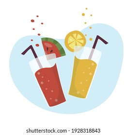 Two summer refreshing fruit cocktails. Non-alcoholic drinks in a simple glass glass and straw. Smoothie design and fresh fruit slices watermelon and orange. Healthy vegan food. vector flat
