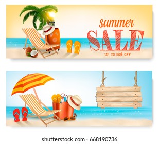 Two Summer Sale Banners With Beach Chair And Ocean. Vector Illustration.