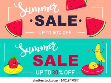 Two Summer Sale Banners with colorful watermelon slices and fruit characters. Vector illustration in cartoon style.